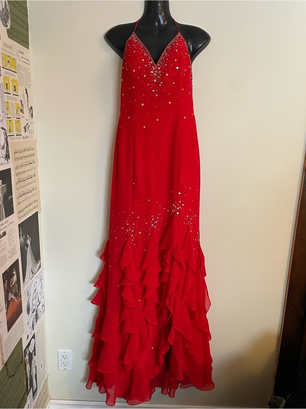 Red Halter Beaded Evening Gown with Ruffled Hem